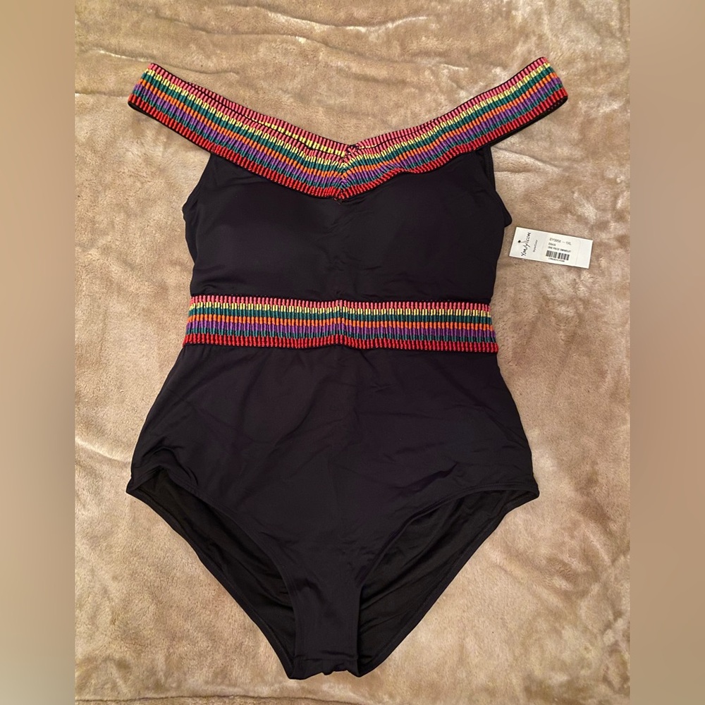 Yandy NWT black one-piece swimsuit w/ back cutout & macramé style accents